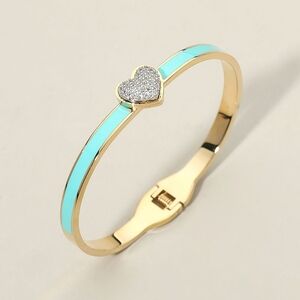 Turquoise CZ Stone Heart Stainless Steel Bangle Bracelet Jewelry Hinged Blue